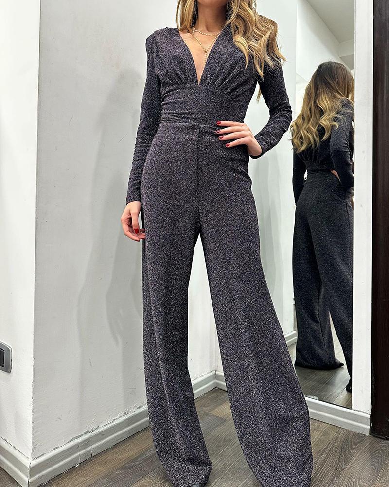 Casual deep V long-sleeved jumpsuit