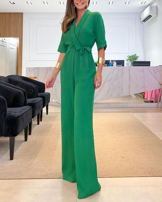 Solid color V-neck half-sleeved high-waist jumpsuit