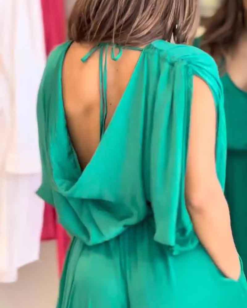 Solid color V-neck backless lace-up jumpsuit