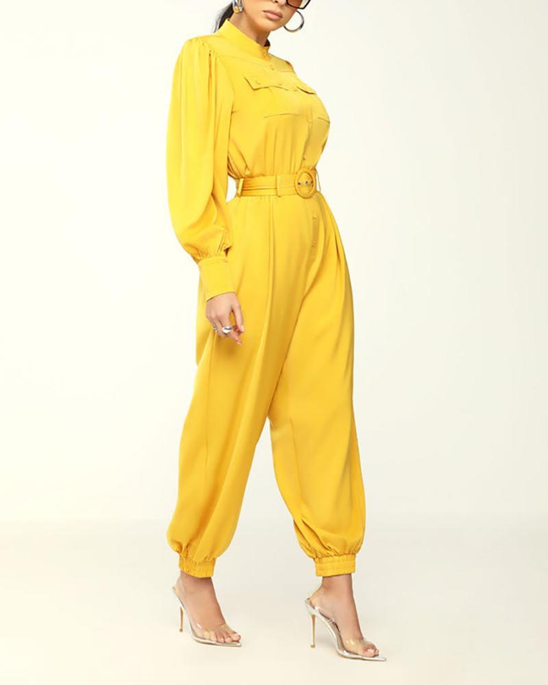 Solid color long sleeve lantern jumpsuit