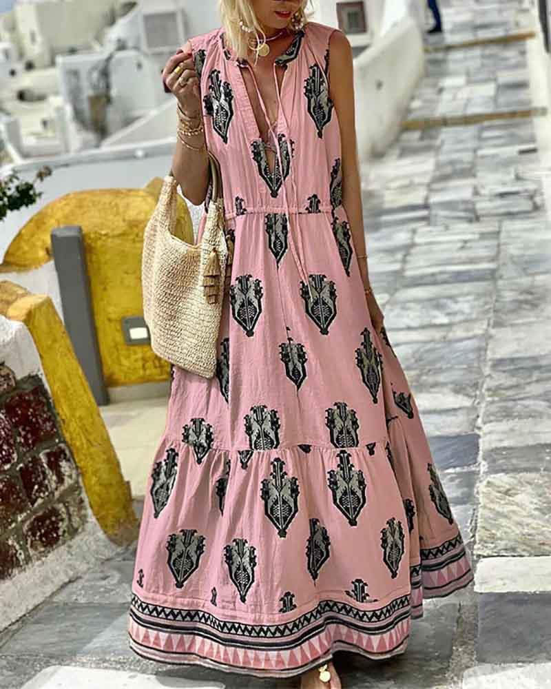 Casual sleeveless boho print dress