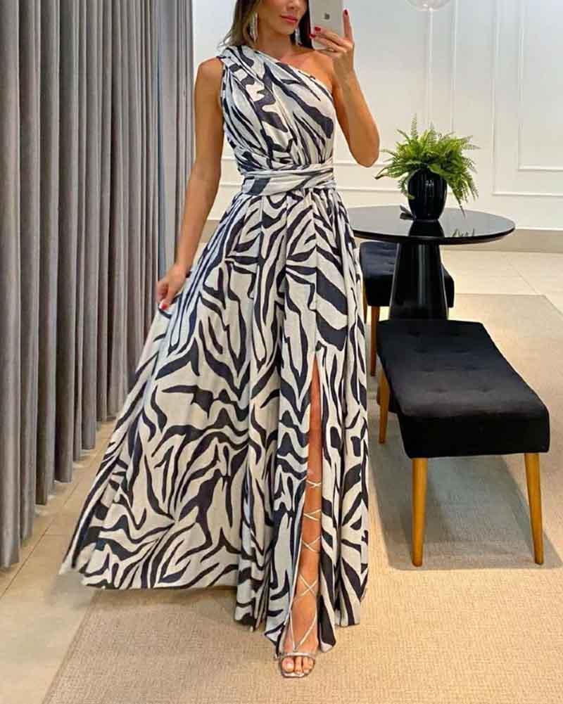 Fashion One Shoulder Sleeveless Print Dress