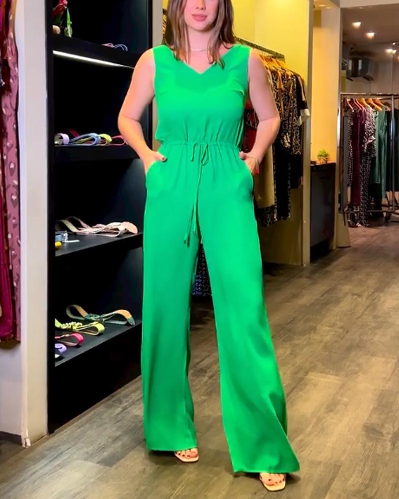 Solid V-neck Straight Waist Jumpsuit