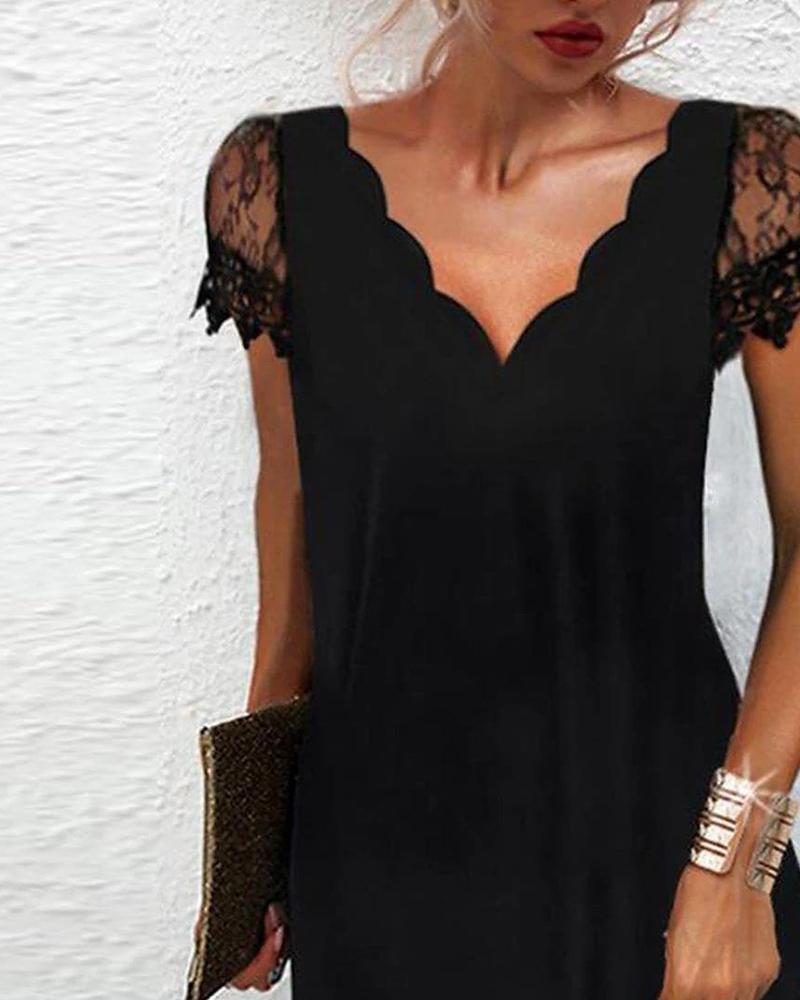 V-neck LACE SHORT SLEEVE DRESS