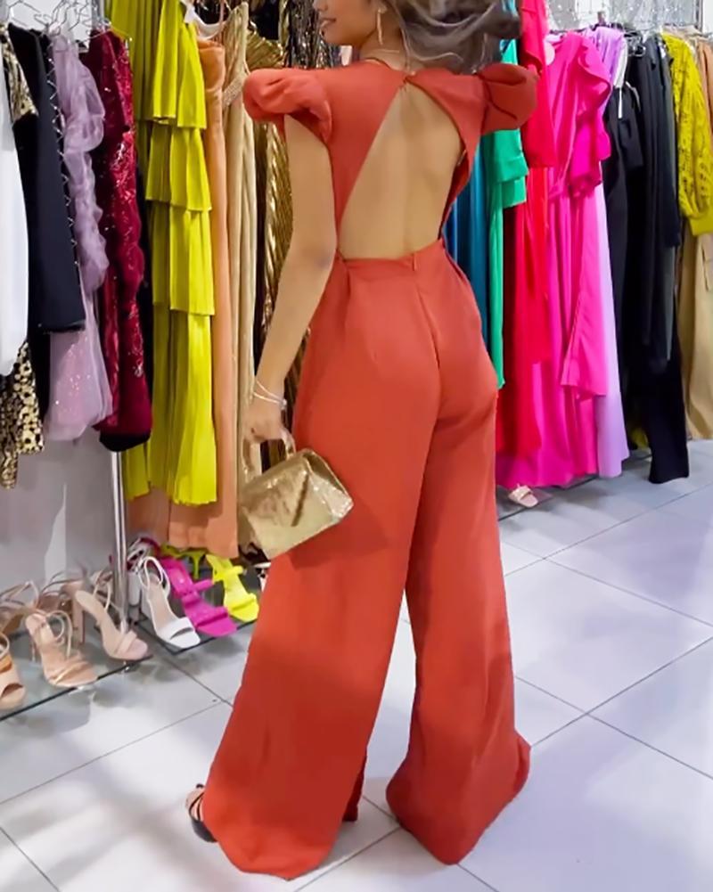 Solid color deep V open back slit jumpsuit