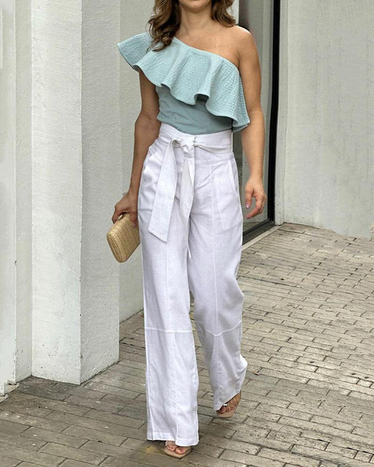 Two-piece set of elegant one-shoulder ruffled top & trousers