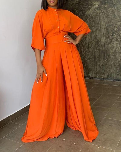 Solid Color Wide-legged Long Casual Jumpsuit