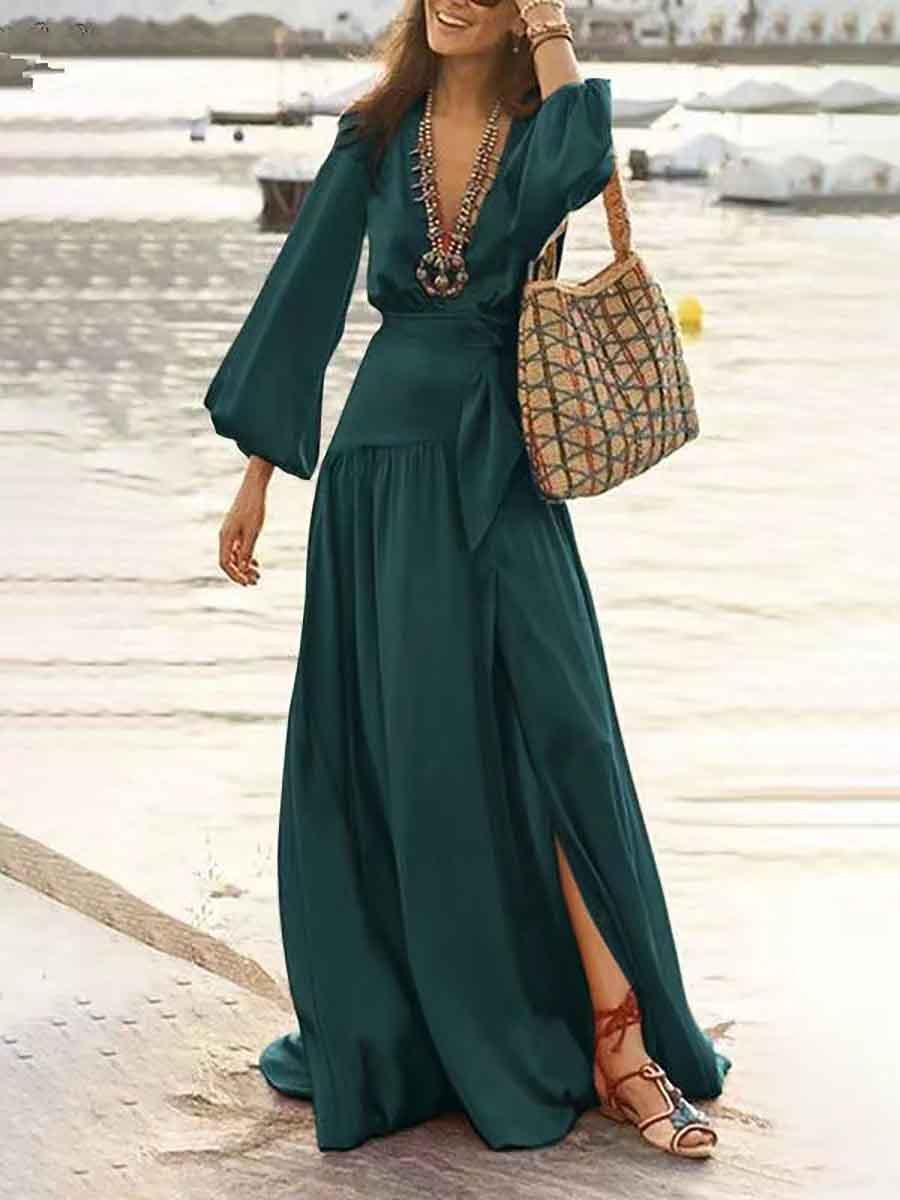 Elegant V-neck puff sleeves slit maxi dress