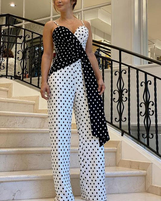 Suspender Polka Dot Contrast Jumpsuit