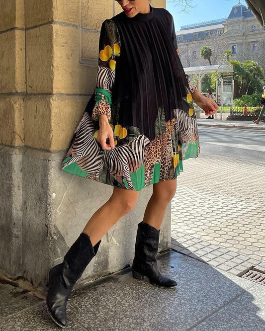 Stylish Long Sleeve Printed Pleated Midi Dress