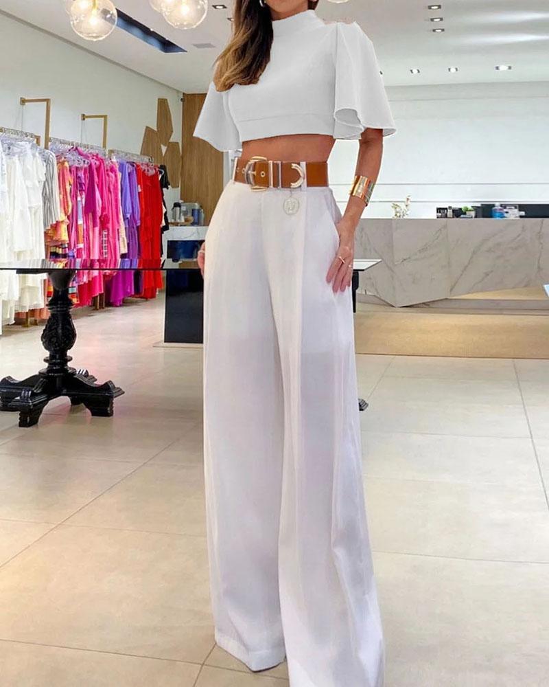 Turtleneck flared sleeve top and wide-leg pants two-piece set