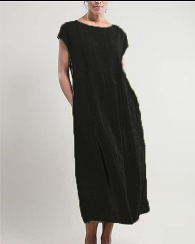 Solid Color Sleeveless Loose Cotton Linen Pocket Dress