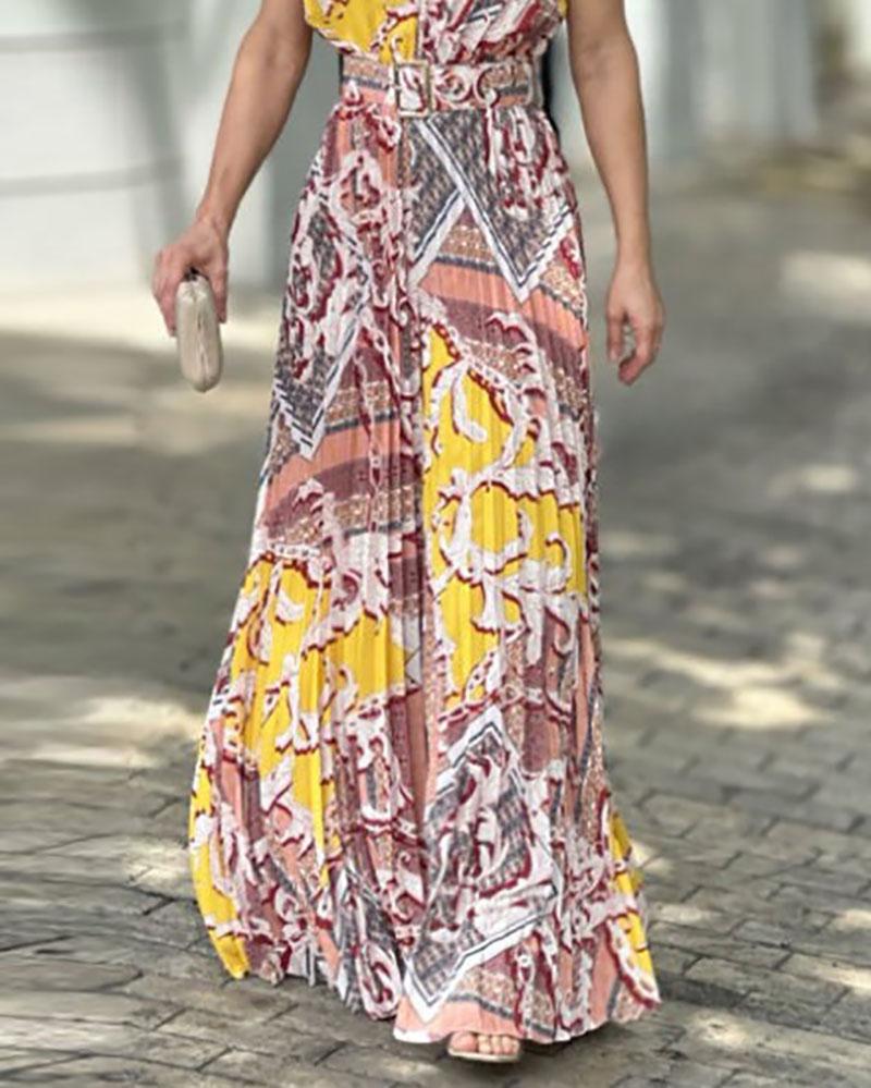 Printed pleated waist jumpsuit (belt included)