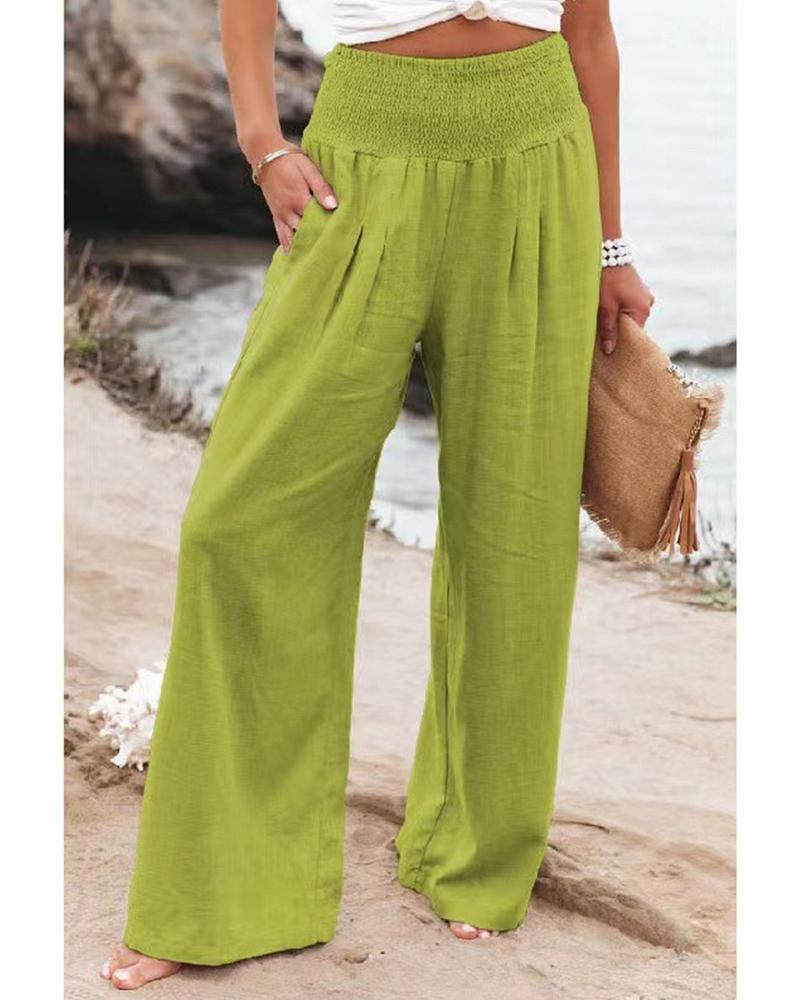 Casual Solid Cotton Linen Wide Leg Pants