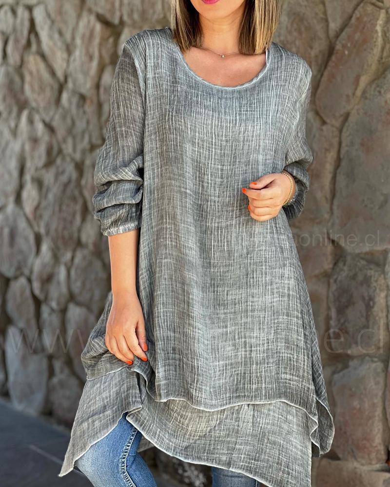 Crewneck Long Sleeve Short Cotton Dress