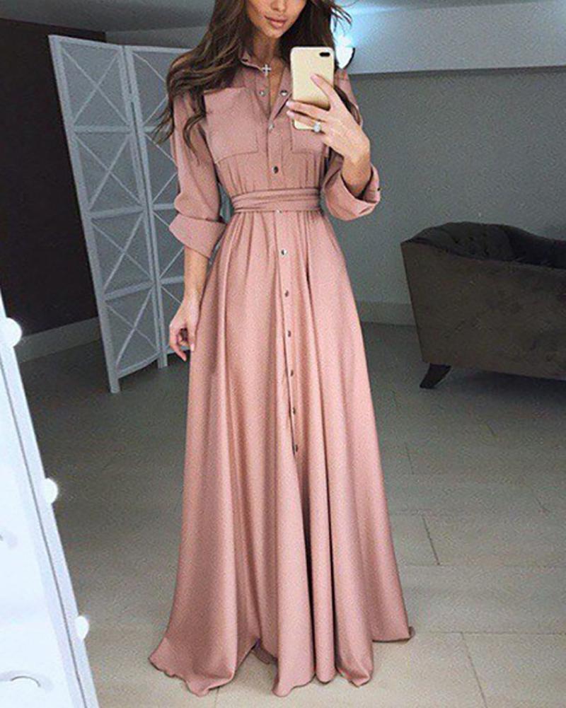 Vintage Long-Sleeve Bohemian Lace-Up Tunic Casual Maxi Dress