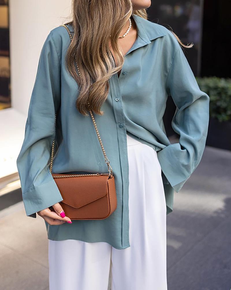 Solid Color Lapel Long Sleeve Shirt