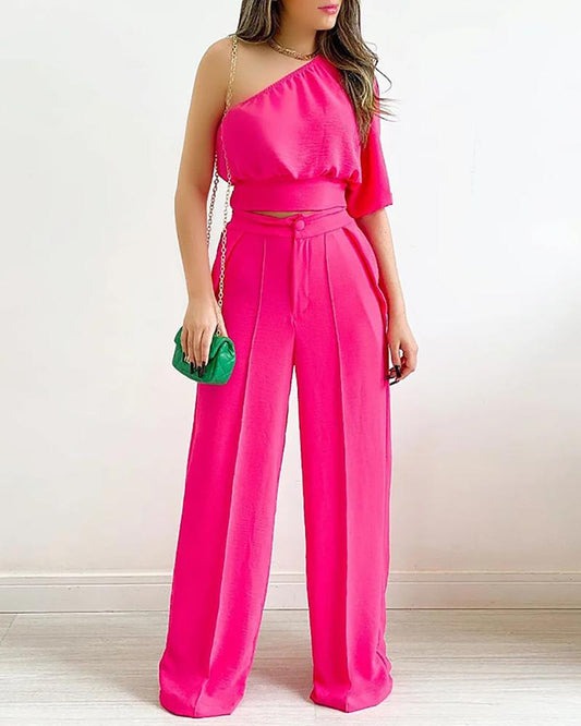 Single-sleeve cropped shirt & high-waisted wide-leg pants two-piece set