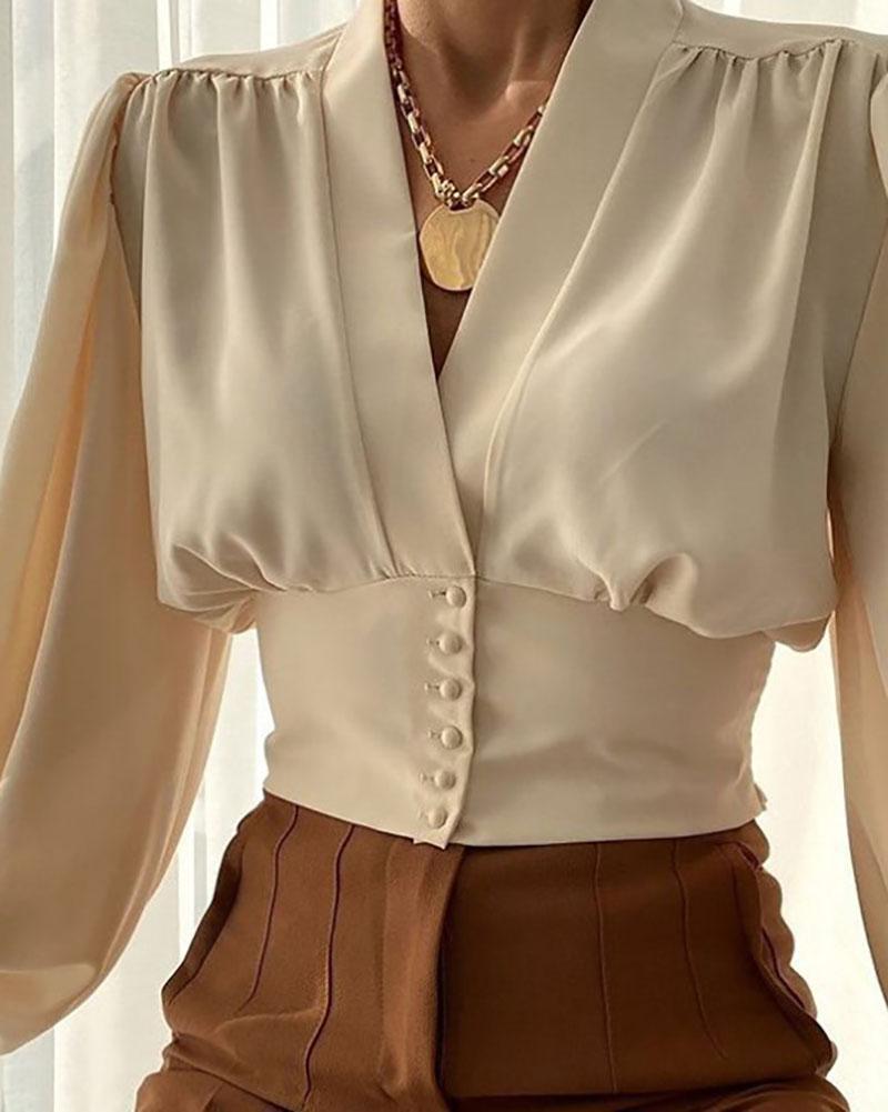 V-neck puff-sleeve top shirt