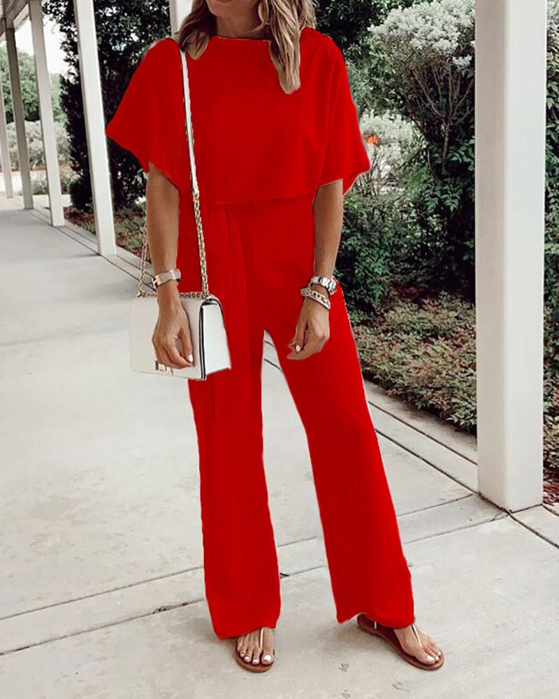 Solid color short-sleeved lace-up jumpsuit