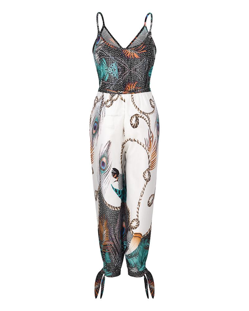 Sexy backless V-neck printed suspender jumpsuit