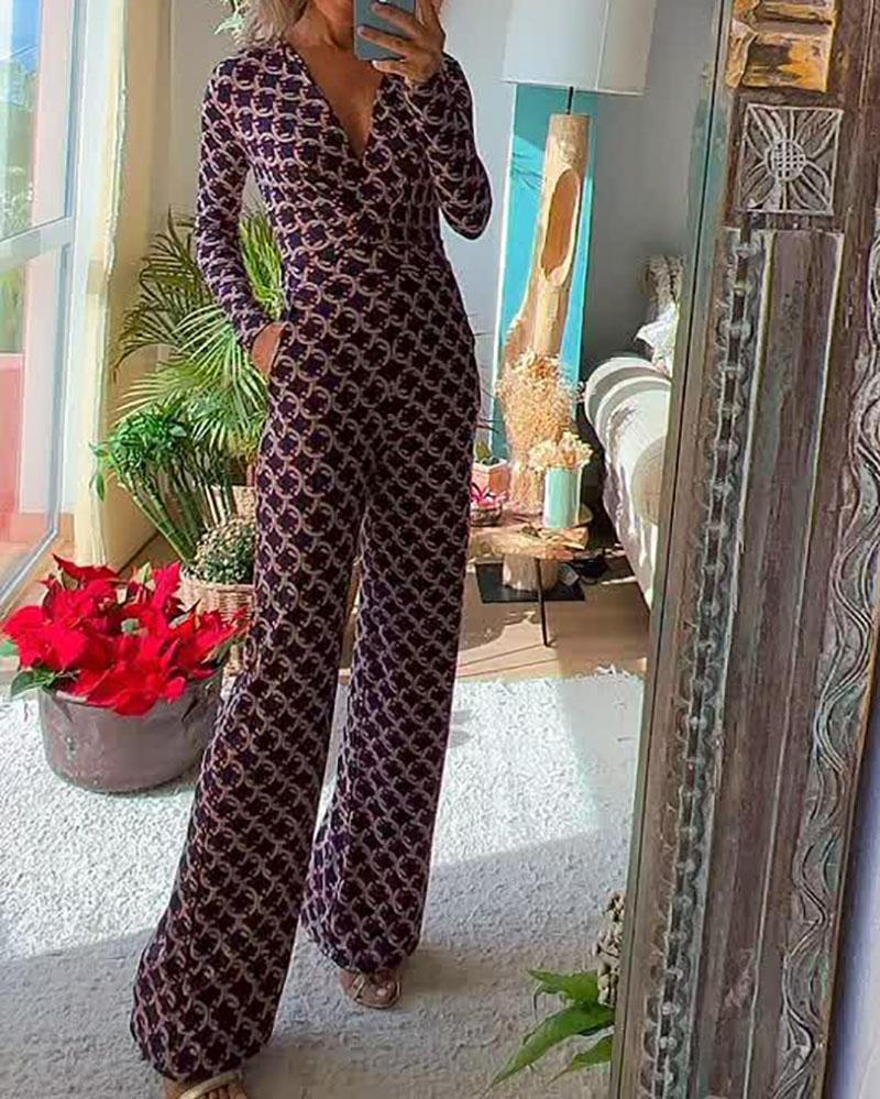 V-neck long-sleeved high-waist printed jumpsuit