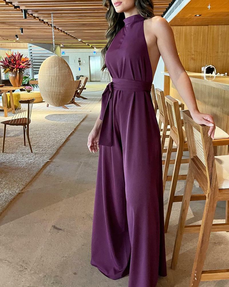 Solid Color Sleeveless High Waist Jumpsuit