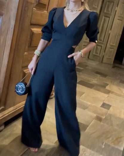 V-neck Open Waist Fashion Casual Jumpsuit