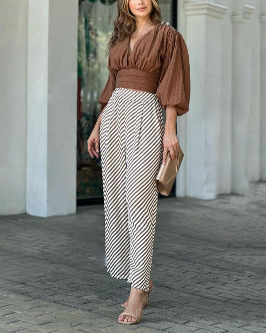 Two-piece set of V-neck puff sleeve top & striped pants