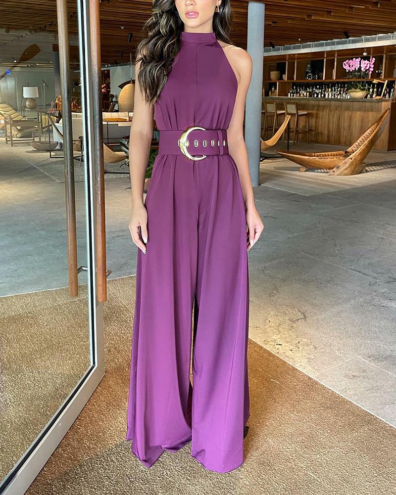 Solid Color Sleeveless High Waist Jumpsuit