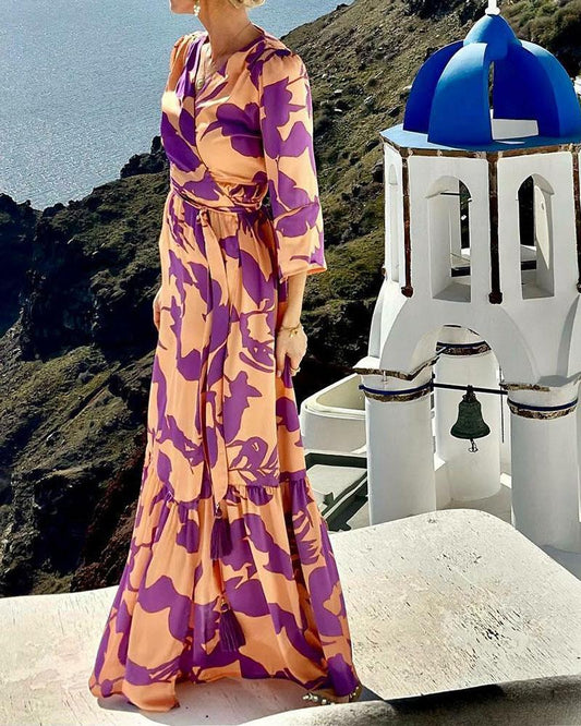 Elegant V-neck long-sleeve printed dress