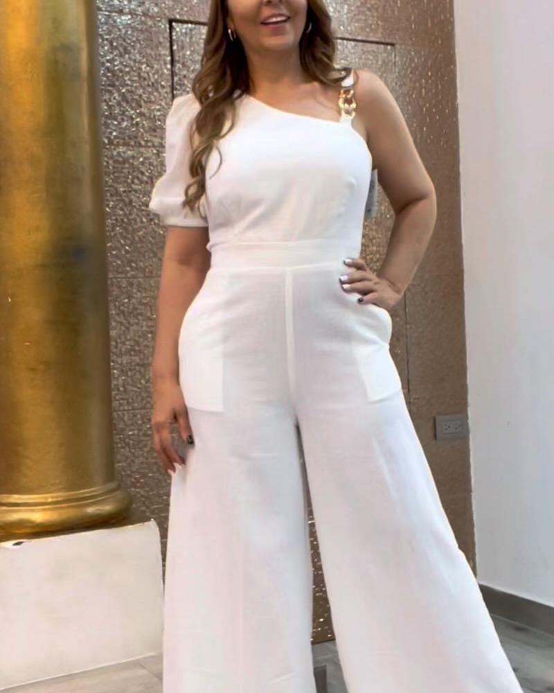 Fashion Single Shoulder White Straight Tube Long Jumpsuit