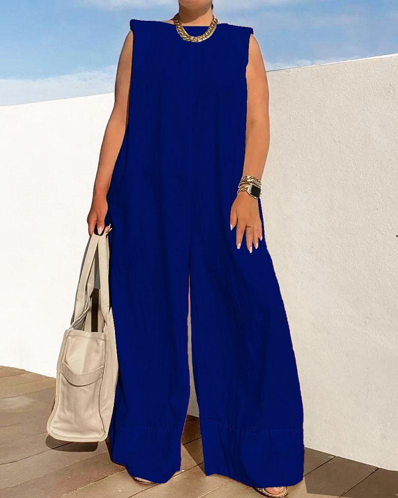 Solid color loose wide-leg jumpsuit