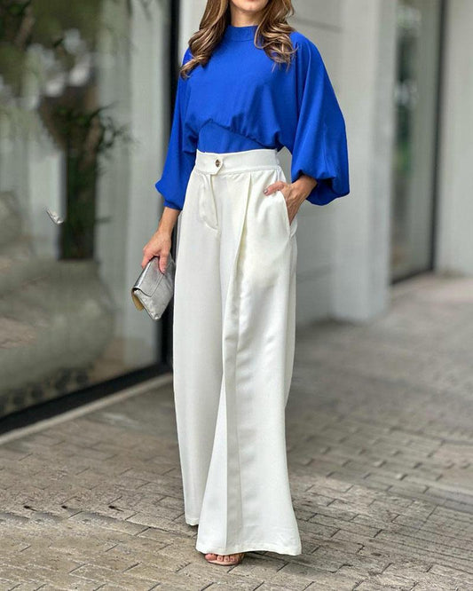 Two-piece set of lantern sleeve shirt & wide-leg pants