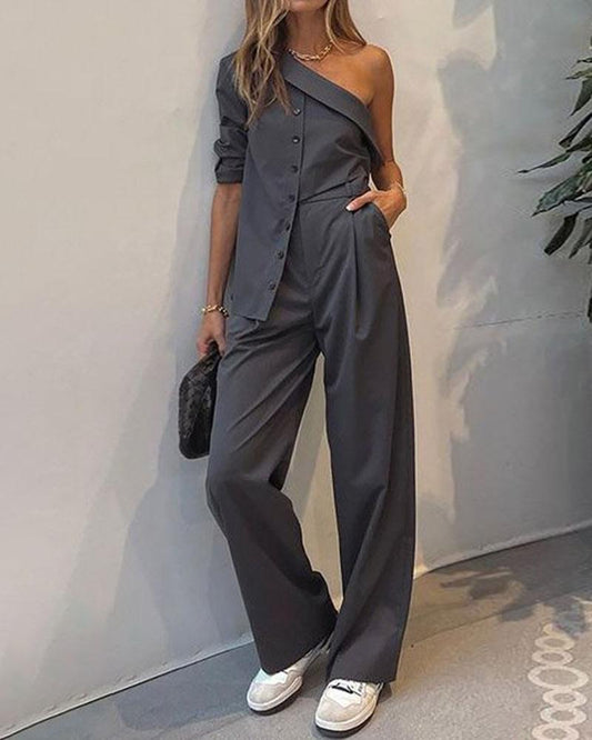 One Shoulder Irregular Top & Loose Pants Two-Piece Set