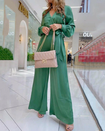 Stylish V-neck long-sleeved lace-up jumpsuit