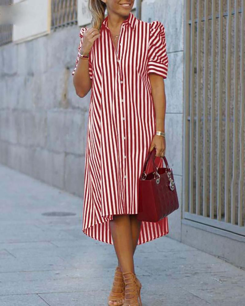 Casual Lapel Short Sleeve Striped Shirt Dress