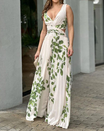 Printed pleated waist jumpsuit