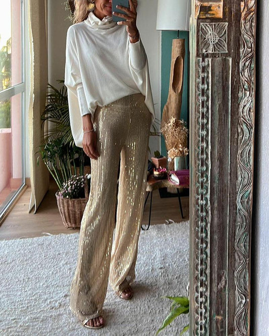 Solid color knitted top & sequined trousers two-piece set