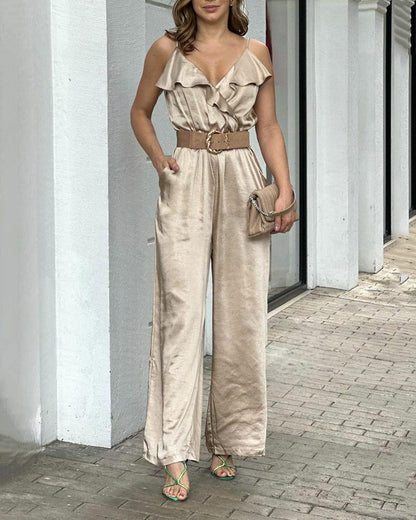 Solid color ruffled suspender jumpsuit