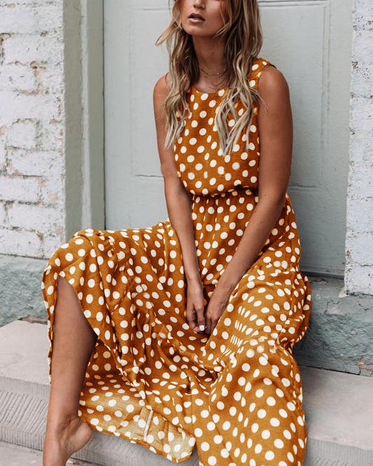 Versatile Printed Polka Dot Round Neck Dress