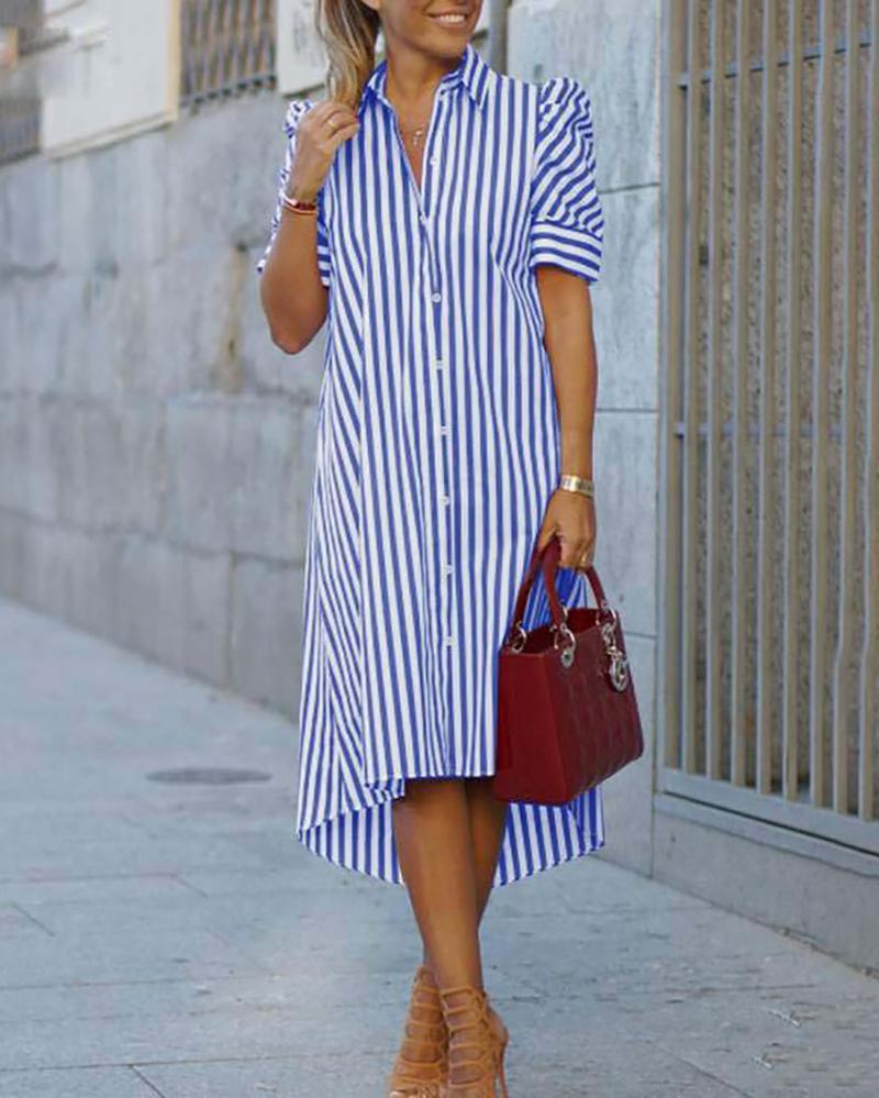 Casual Lapel Short Sleeve Striped Shirt Dress