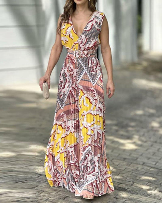 Printed pleated waist jumpsuit (belt included)