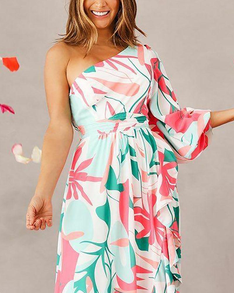 Elegant One Sleeve Maxi Print Dress