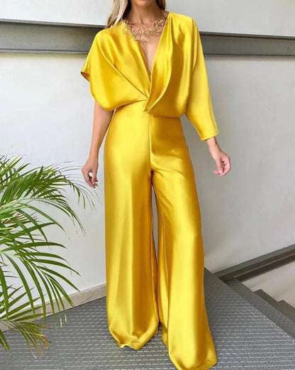 Solid color V-neck short-sleeved satin jumpsuit