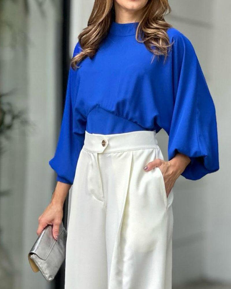 Two-piece set of lantern sleeve shirt & wide-leg pants