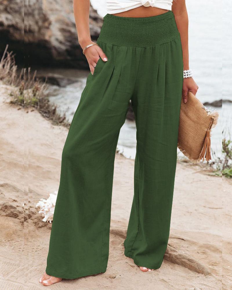 Casual Solid Cotton Linen Wide Leg Pants