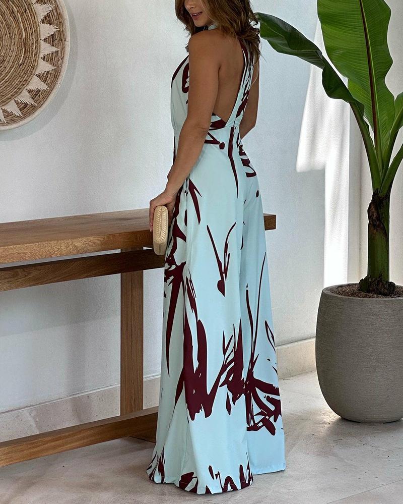 Halter Neck Sleeveless High Waist Print Jumpsuit