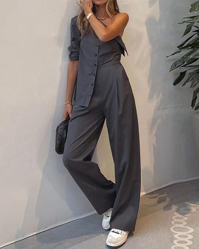 One Shoulder Irregular Top & Loose Pants Two-Piece Set