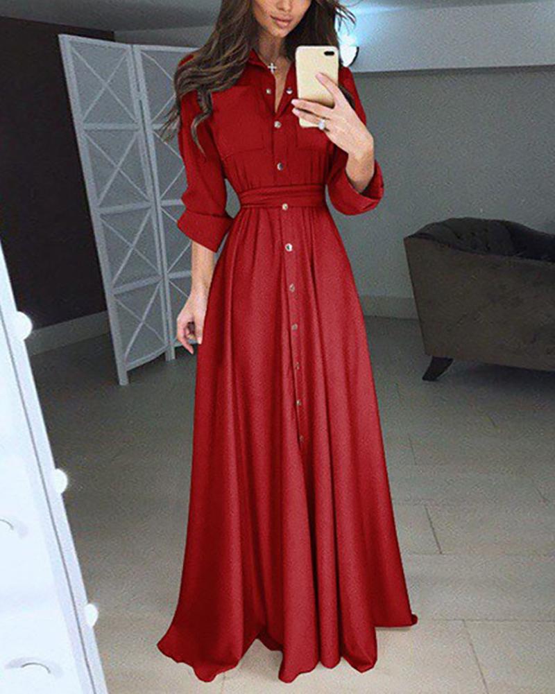 Vintage Long-Sleeve Bohemian Lace-Up Tunic Casual Maxi Dress